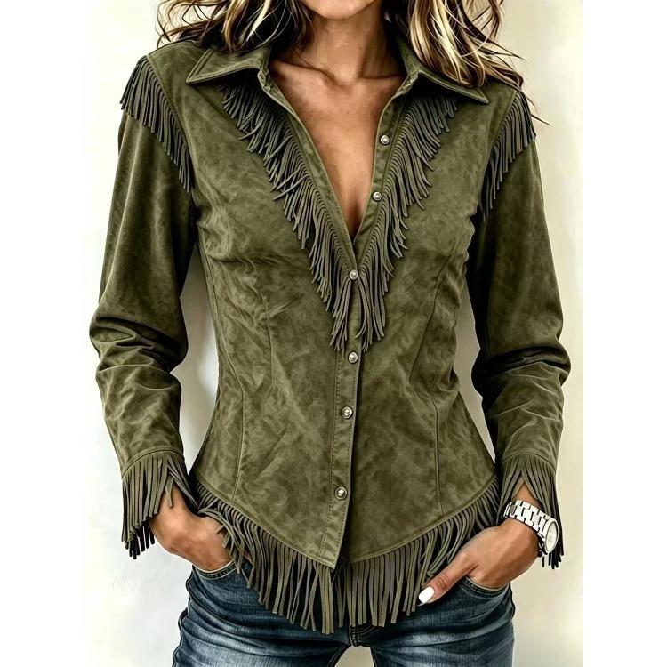Women's Fringe Shirt Casual Turn-down Collar Single Breasted Long Sleeve Solid Color Blouse