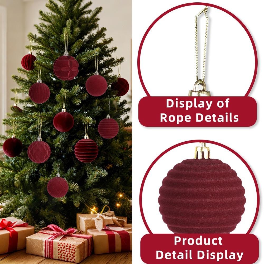 Set of 12 Burgundy Flocked Velvet Christmas Ball Ornaments for DIY Tree Decorations with Soft Flannel Fabric and European Design
