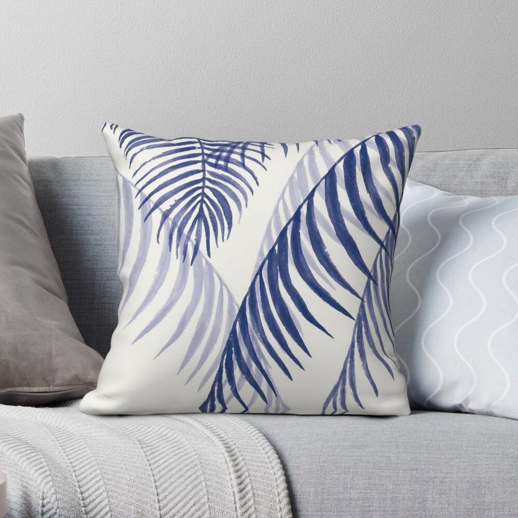 Blue Palms Leaves Pillowcase Polyester Linen Velvet Printed Zip Decor Throw Pillow Case Bed Cushion Cover 45x45