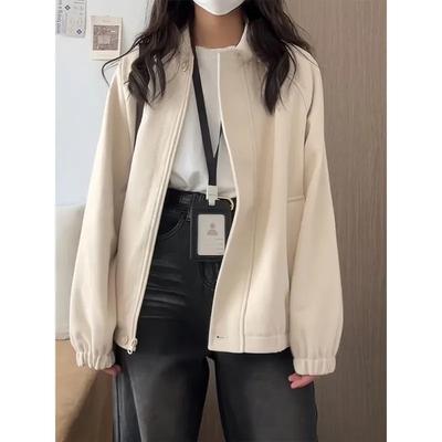 Solid Color Zipper Long-sleeved Cardigan Lapel Jacket Fashionable Casual Commuting Top
