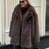 Womens Faux Fur Coat Mid-Length Winter Warm Outerwear Street Style Jacket In Beige Yellow Coffee Khaki