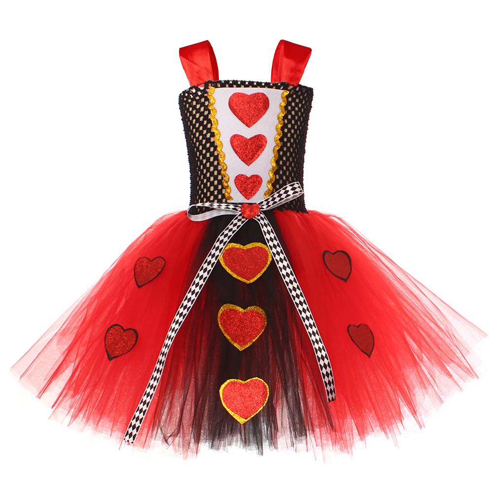 Girls Queen of Hearts Costume Kids Halloween Dress Up Fancy Tutu Dress with Crown Classic Wonderland Red Queen Gown Clothes