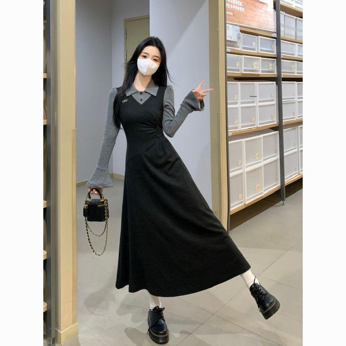 Элегантное французское ретро платье-обманка из лоскутов для пышных женщин - Осенне-зимнее с длинной юбкой. Extra Large