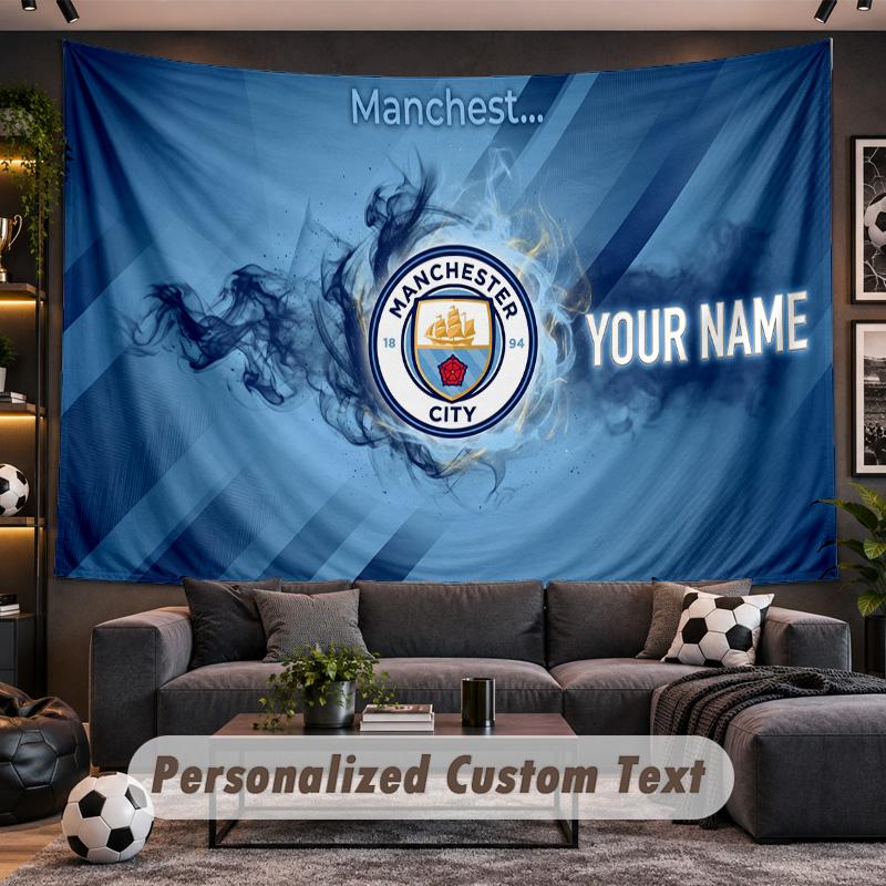 Manchester City Personalized Tapestry Support Custom Name, Wall Art Home Decoration