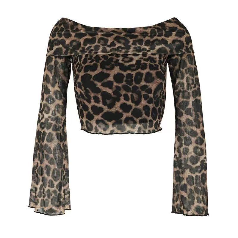 

European and American New Sexy Leopard Print Print off-Neck Long sleeves Shirt Sexy Leopard Print T-shirt Leopard print S
