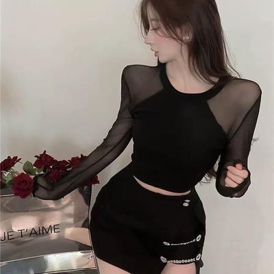 Örgü Patchwork Iplik Pamuk Uzun Kollu Tişört kadın Yaz Seksi ve Açık Şekil Hafif Şeffaf Kısa Taban Gömlek