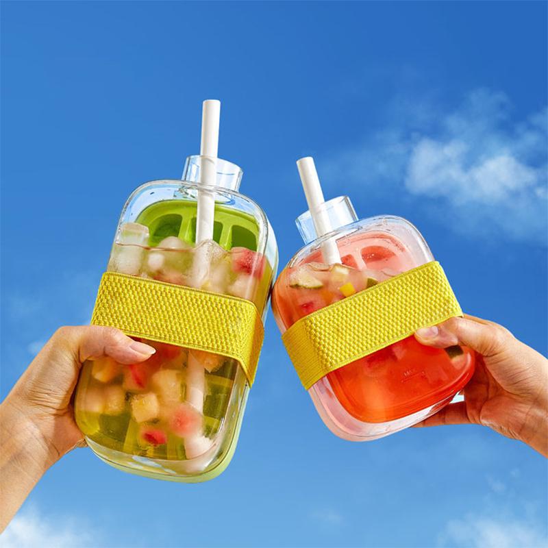 12 Grid 2-in-1 Portable Ice Tray Ice Maker Straw Water Bottle Ice Making Mold Silicone Kitchen Tools Household Ice Maker 500ML