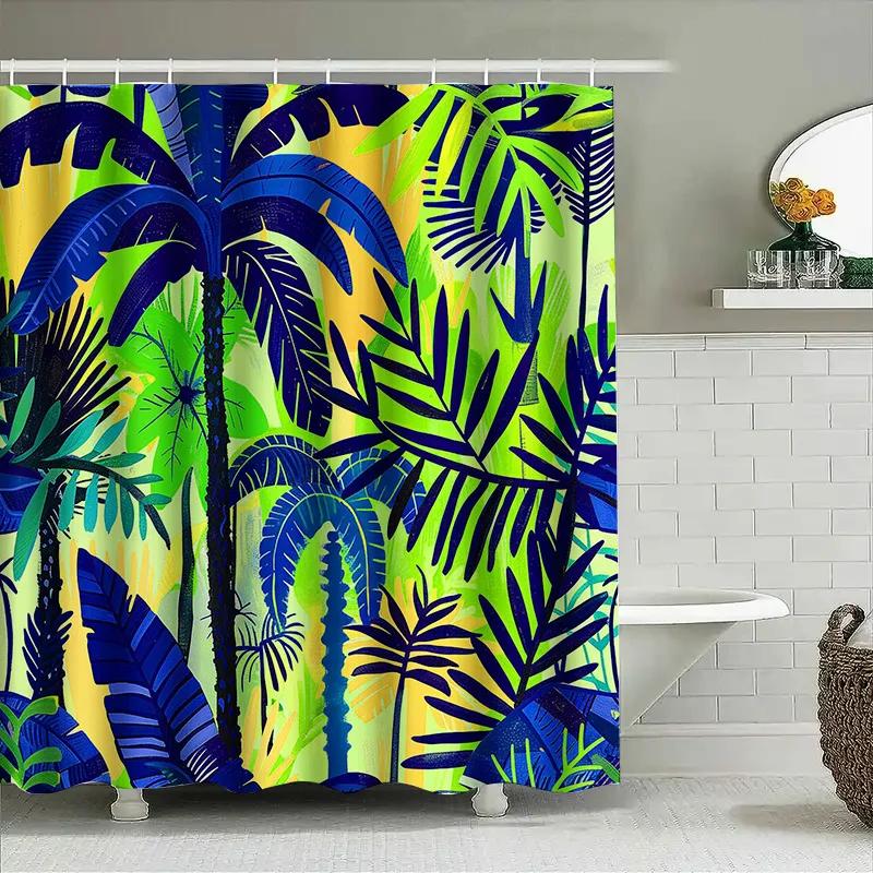 Bright Blue Green Tropical Palm Leaf Shower Curtain Bathroom Decor 3D Printed Bath Liner Waterproof Window Canopy Drape