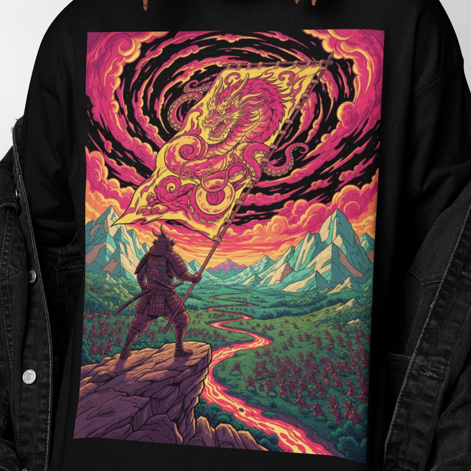 Dragon War Banner Samurai T-Shirt | Psychedelic Apparel | Surreal Japanese Battle Fantasy, Trippy Dragon Flag Landscape Graphic Tee XL