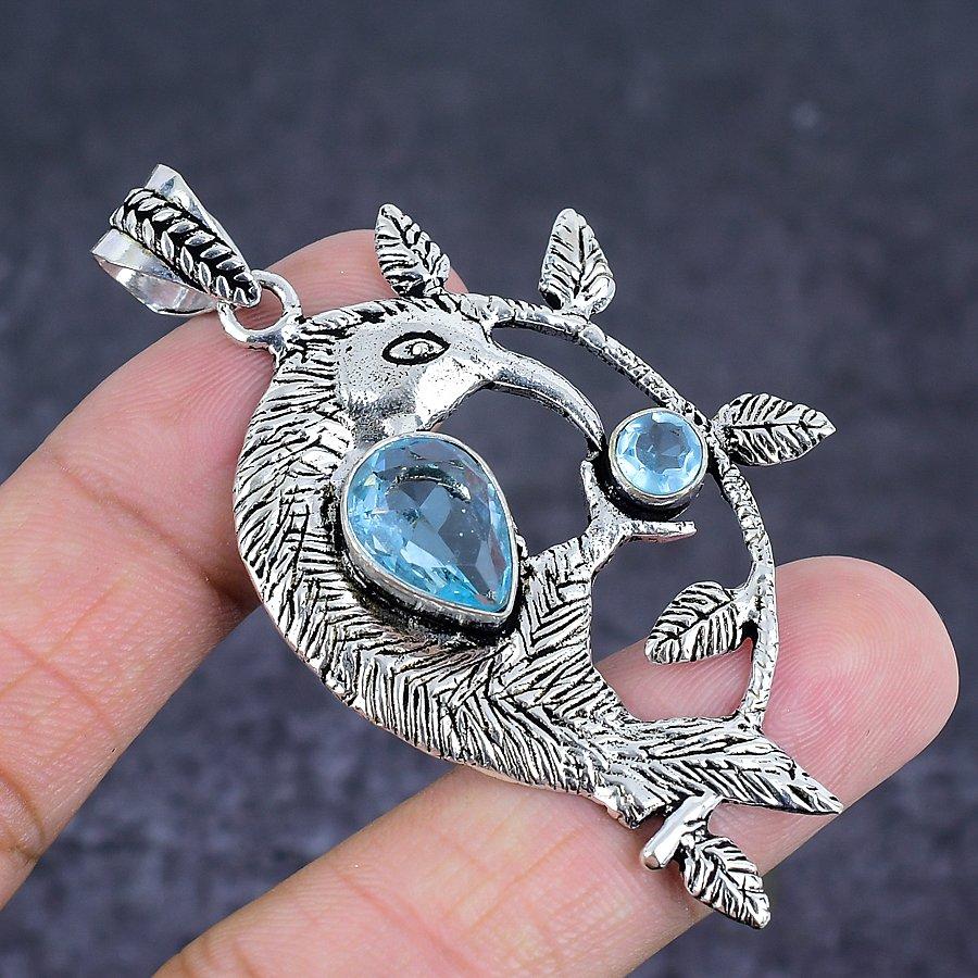 Natural Blue Topaz Gemstone 925 Sterling Silver Jewelry Pendant 2.56" t5L99