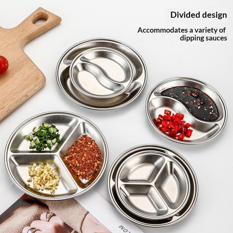 304 Stainless Steel Round Divided Sauce Dish – Multi-Compartment Dipping Plate for BBQ,Snacks &Seasoning, Easy Clean Kitchenware