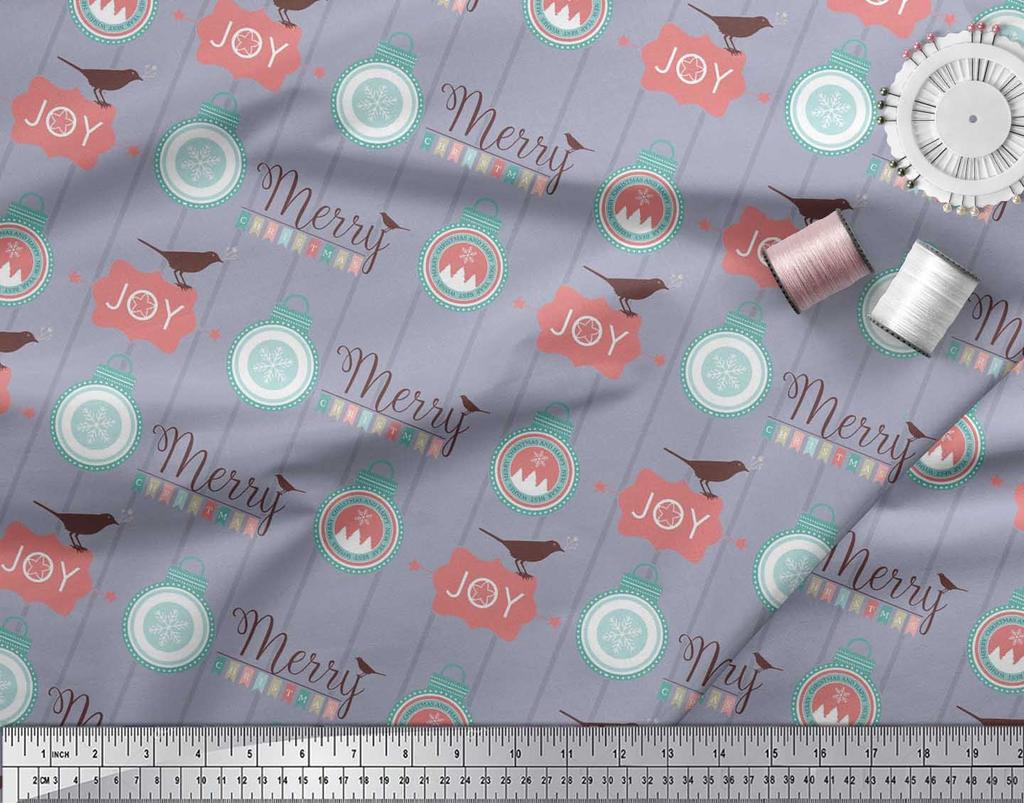 Soimoi Grey Japan Crepe Satin Fabric Bird,Stripe & Baubles Christmas Print Fabric by the metre 42 Inch