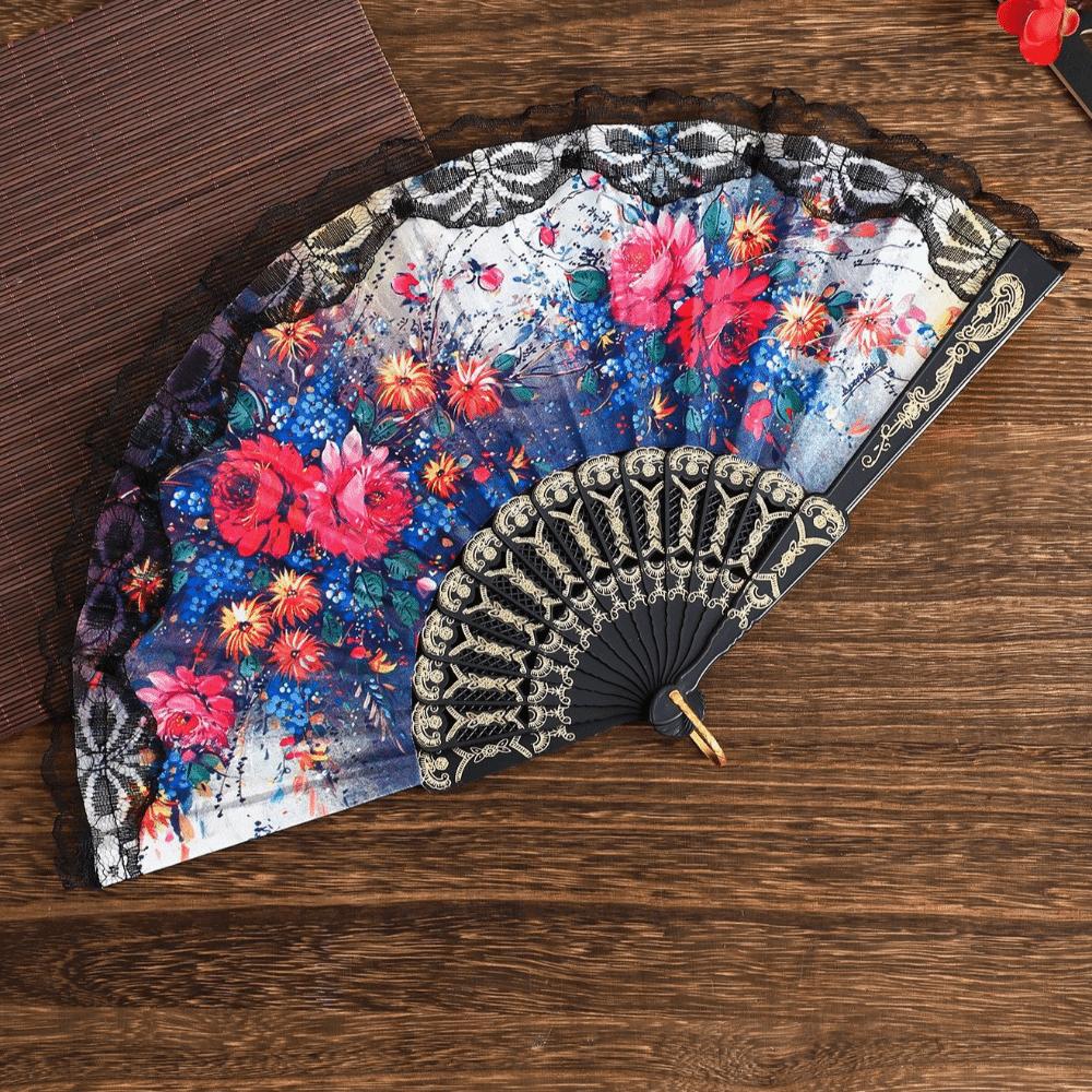 Plastic Ribs Spanish Folding Fan Lace Trim Edge Handheld Fan Elegant Dance Prop Fan Gift