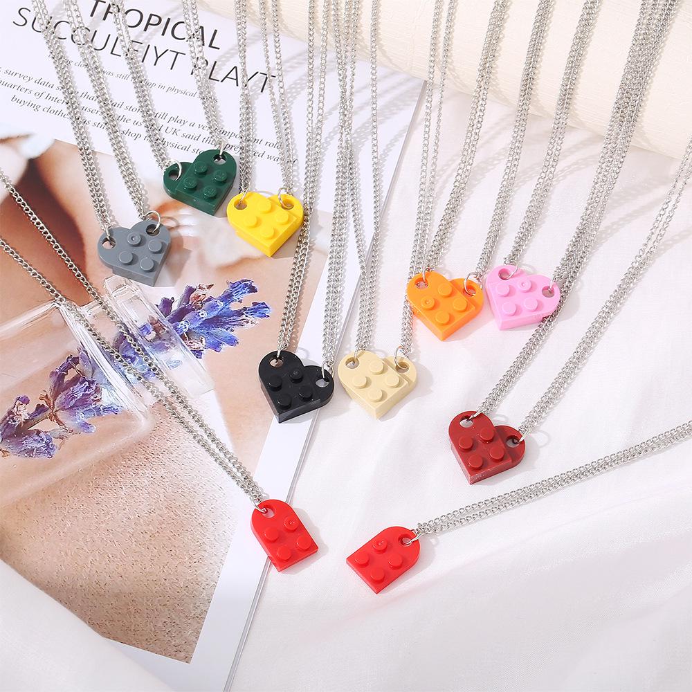 Heart-shaped Building Block Necklace: Double-layer Beaded Chain Love Pendant Choker for Women