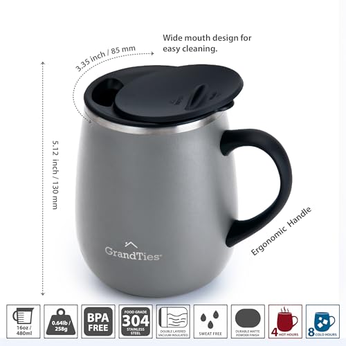 Caneca Térmica a Vácuo Premium GRANDTIES 460ml Tampa Deslizante de Abertura Fácil Aço Inoxidável Isolamento de Parede Dupla Função de Retenção de Calor e Frio Uso Popular