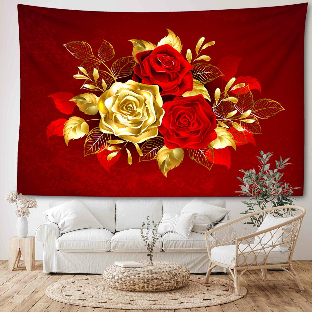1pc Red and Golden Roses Floral Tapestry Wall Hanging - Polyester Brushed Fabric, Animal Theme, Woven Portrait Orientation, No Electricity Needed, 90g