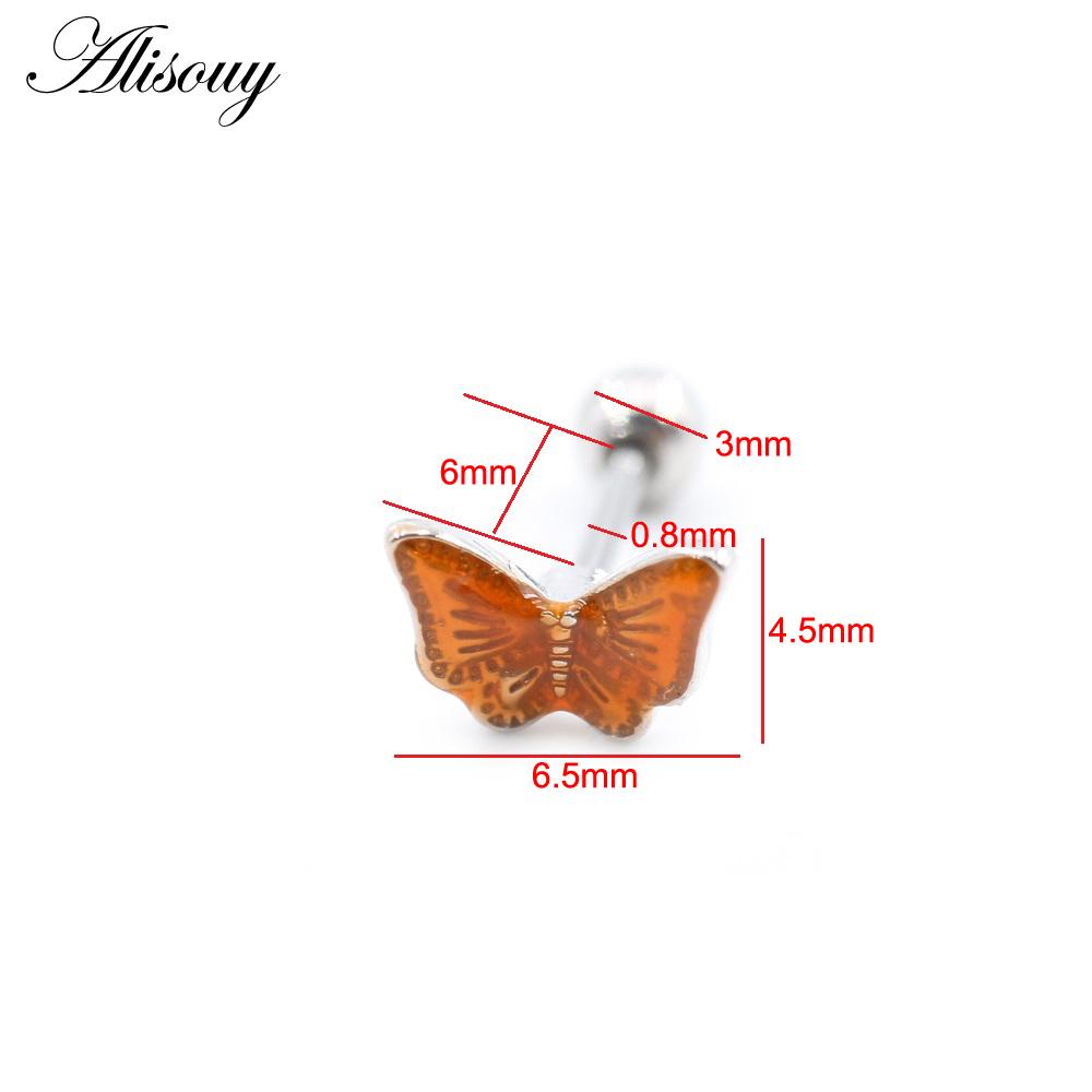 Alisouy 2PCS Butterfly Resin Zircon Ball Stainless Steel Women Men Ear Stud Earrings Cartilage Tragus Helix Pierceing Jewelry