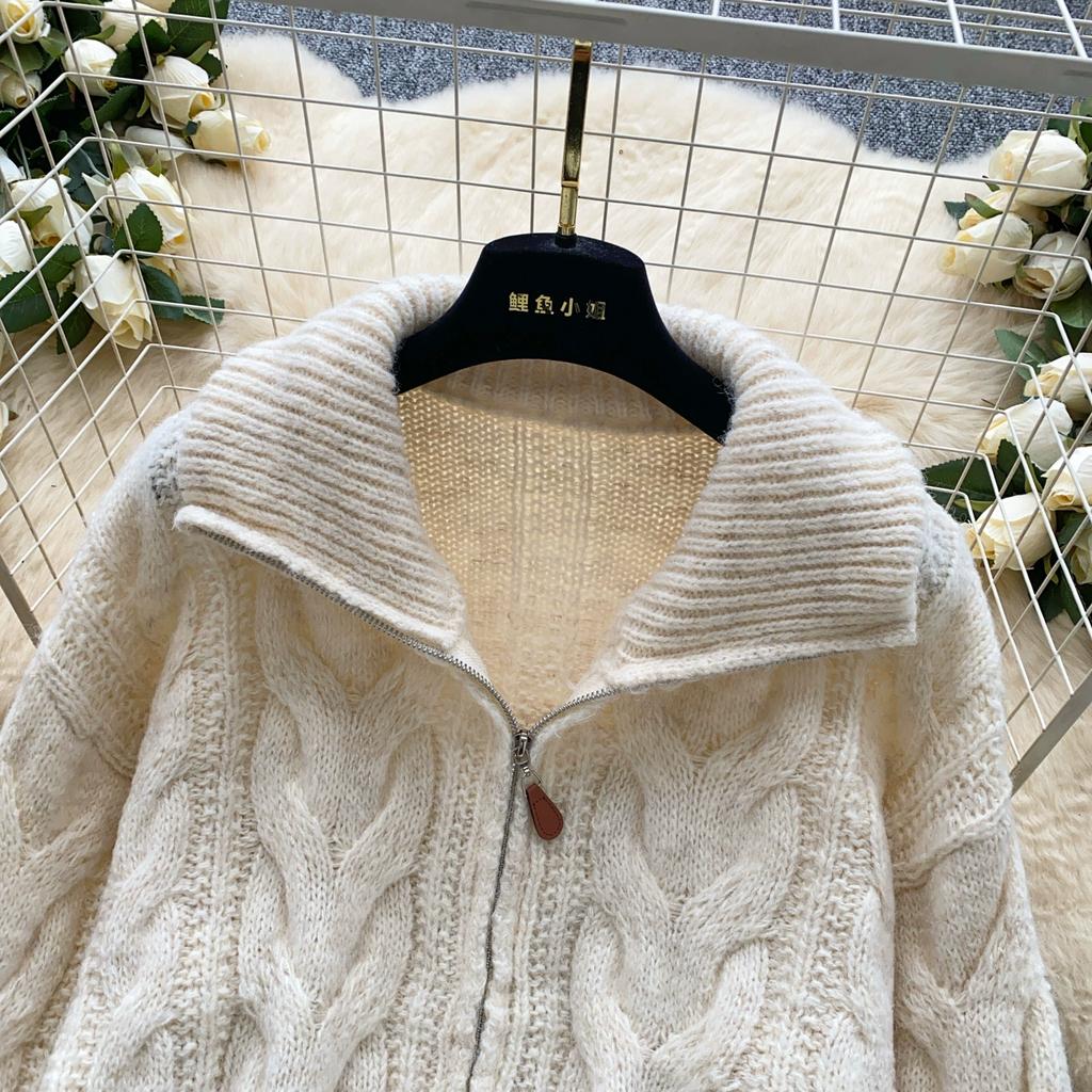 Autumn Winter Women Casual Turtleneck Zipper Twist Knitted Sweater Cardigans Tops Jacket Coat