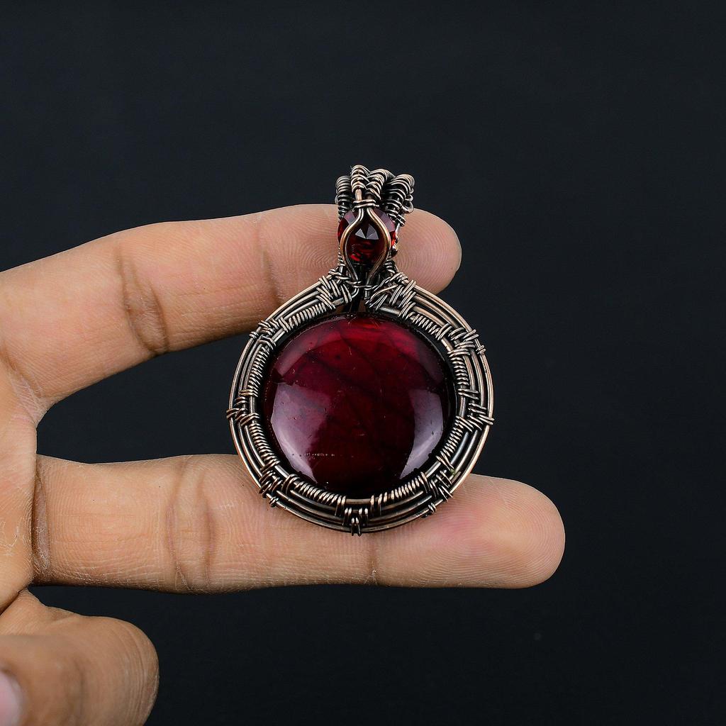 Red Flash Labradorite Pendant, 999 Copper Wire Wrapped Jewelry, Gemstone Jewelry Pendant, Handmade Wedding Gift Jewelry