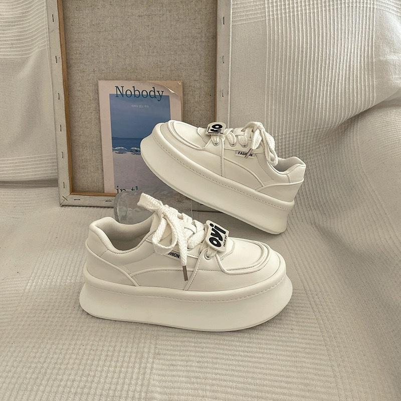 Fashion Hot selling sponge cake thick sole height increasing white shoes, fashionable lace up comfortable casual board shoes