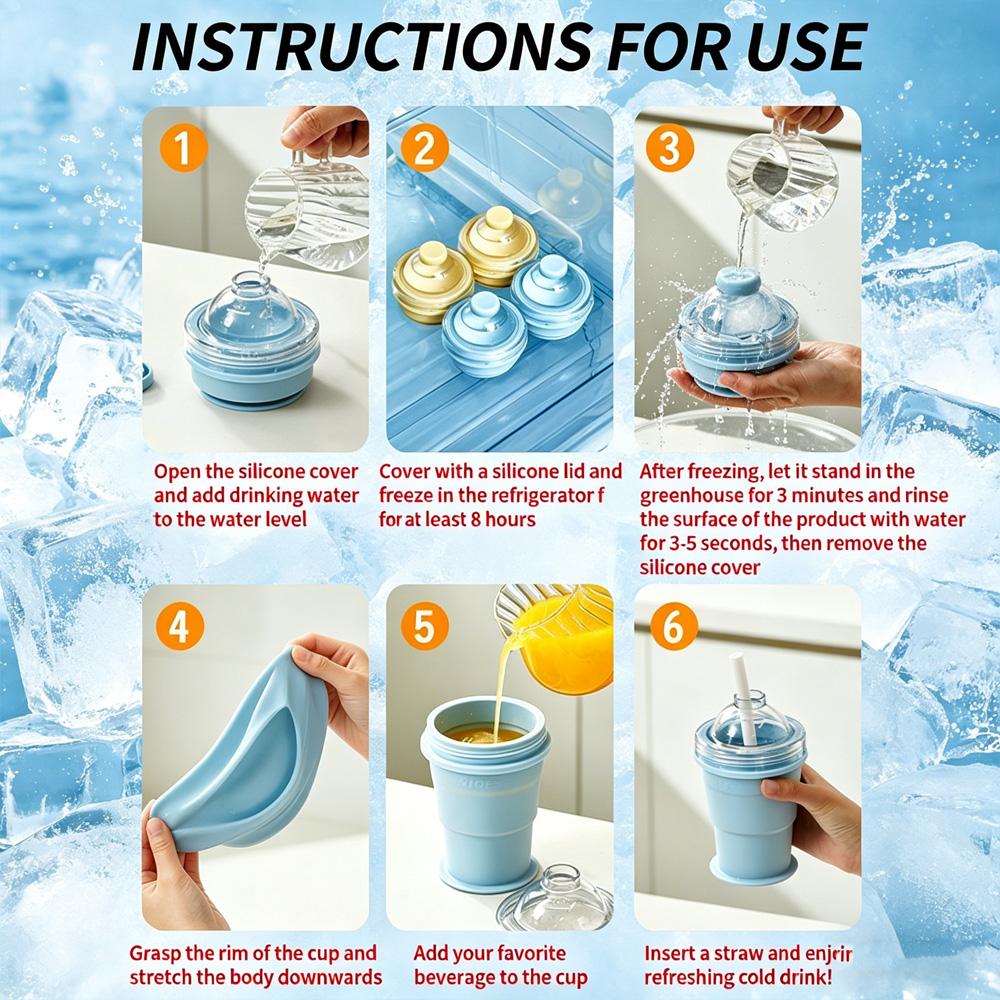 Foldable Silicone Ice Cup with Straw, Creative Ice Ball Maker Mold for Outdoor & Travel Use