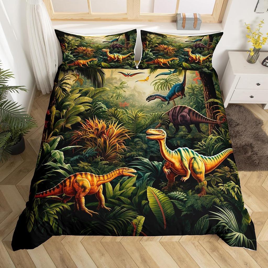 Kids Dinosaur Duvet Cover Twin Queen Bedding Set for Boys Teen Cartoon Jungle Dino Comforter Cover,3D Ancient Animal Quilt Cover