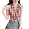 Damen Retro Karo Ärmellose Weste mit Anzugkragen & Taillierungsdesign
