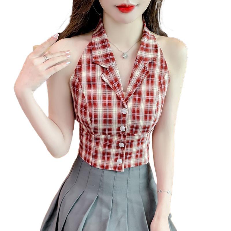 Damen Retro Karo Ärmellose Weste mit Anzugkragen & Taillierungsdesign
