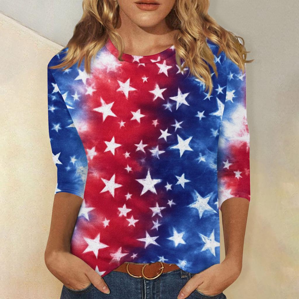 T-shirt Top Décontracté Tendance pour Femme Imprimé Drapeau Américain et Étoiles Fête de l'Indépendance Manches Trois-Quarts Col Rond