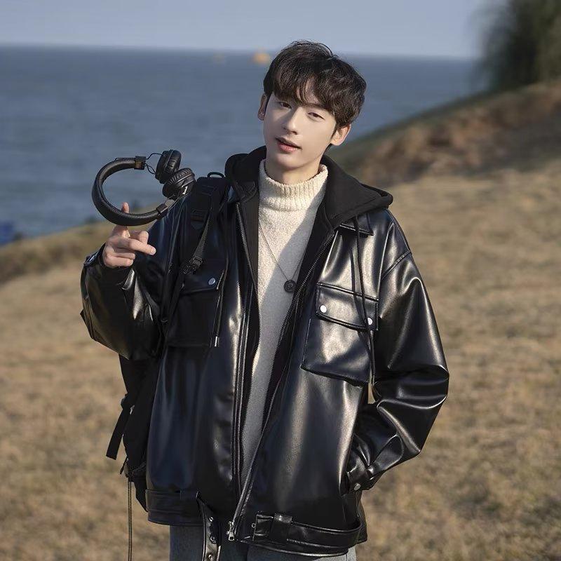 Men's PU Leather Hoodie Jacket - Retro American Style for Autumn/Winter