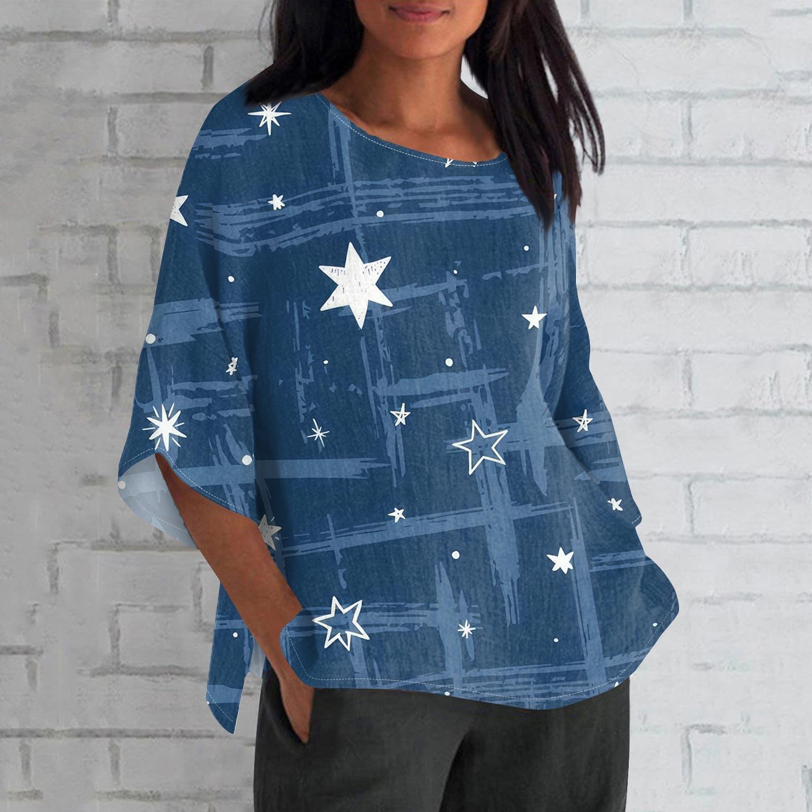 

Женская летняя хлопково-льняная футболка, топы, свободная блузка с принтом, винтажная одежда с круглым вырезом и рукавами 3/4, одежда больших размеров L тёмно-синий