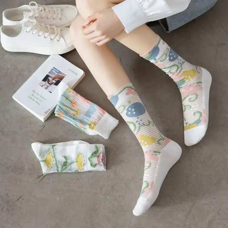 Flower Embroidery Crystal Silk Socks Summer Elastic Long Socks Hollow Out Thin Breathable Mesh Lace Socks Ultra-thin Transparent