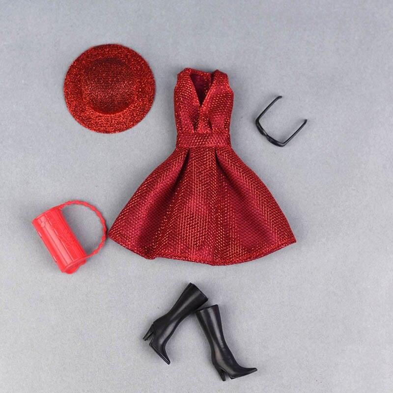 Puppenkleid für Barbie-Puppen, Kleidung, Outfit, V-Ausschnitt, Partykleid für Barbie-Puppenhaus, Hut, Handtasche, Schuhe, Stiefel, 1/6 Puppenzubehör, Kind