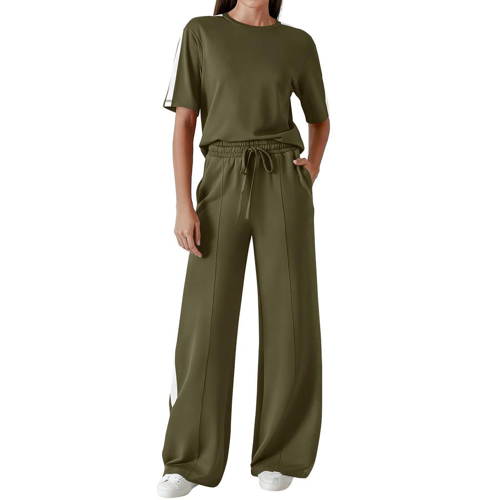 Conjunto de Moda Casual para Mujer con Top de Manga Corta y Pantalones Largos