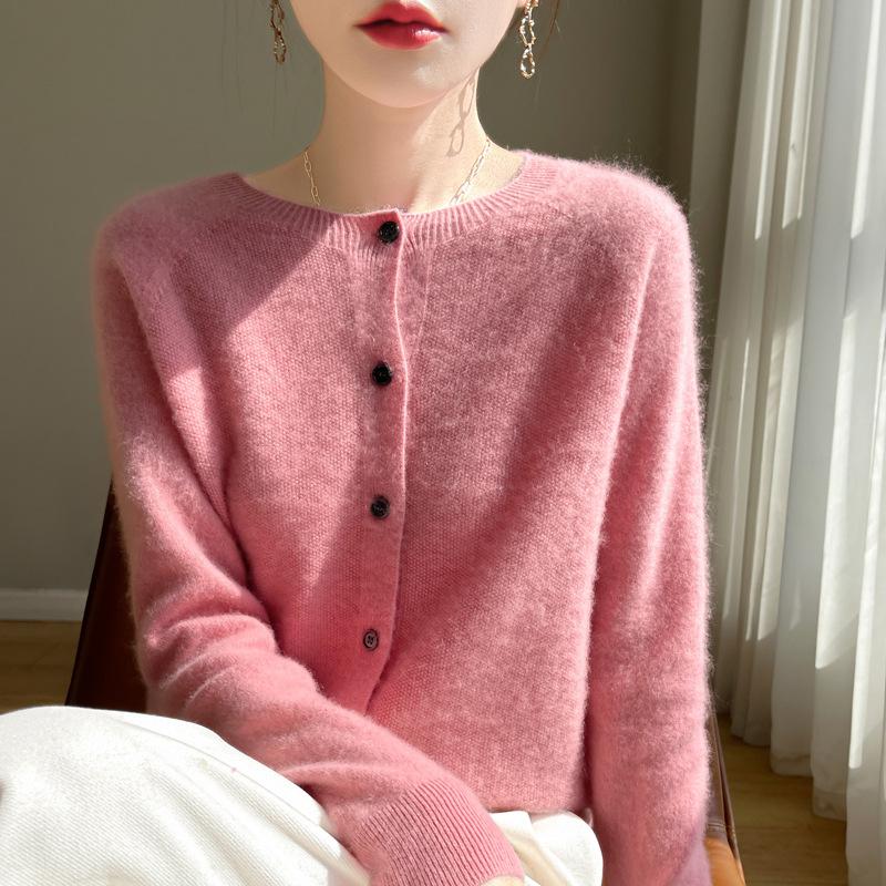 Women 100% Merino Wool Cardigan Soft O-Neck Cashmere Sweater OL Buttoned Knitwear Casual Top Clothing Korean Style