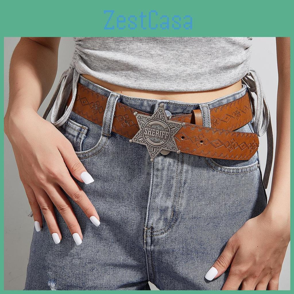Star Silver Letter Buckle Texture Printed Pattern Belt For Both Men And Women