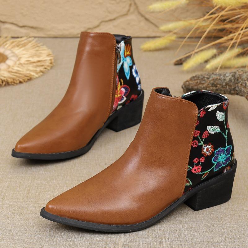 Women's Fashion Boots New Spring and Autumn Fashion Casual with Round Head Solid Color Zipper Printed Pu Leather Flat Boots.