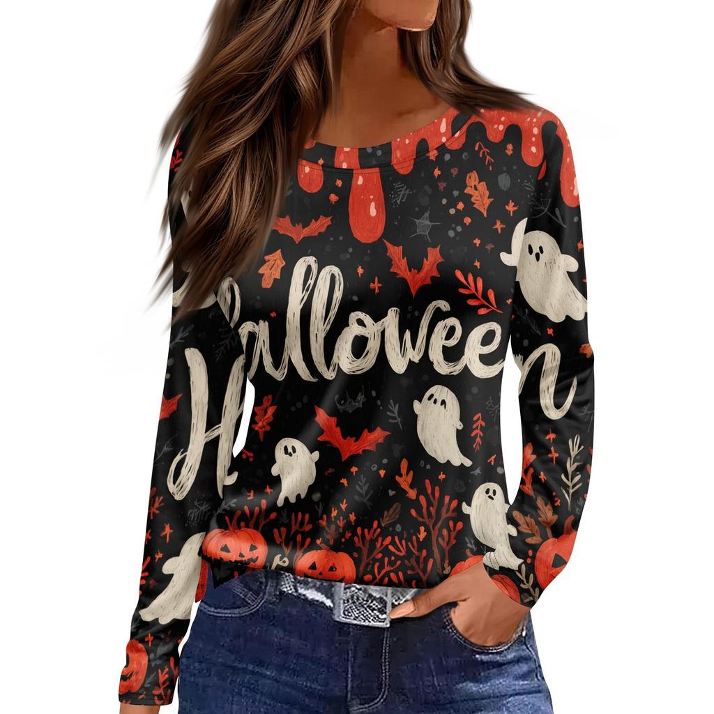 Mote Casual Langermet Trykk Rund Hals Pullover Topp Bluse for Kvinner