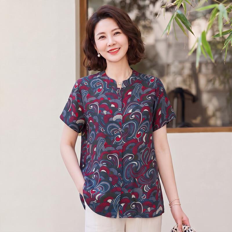 Elegant Retro Print Short Sleeve Blouse for Mature Women