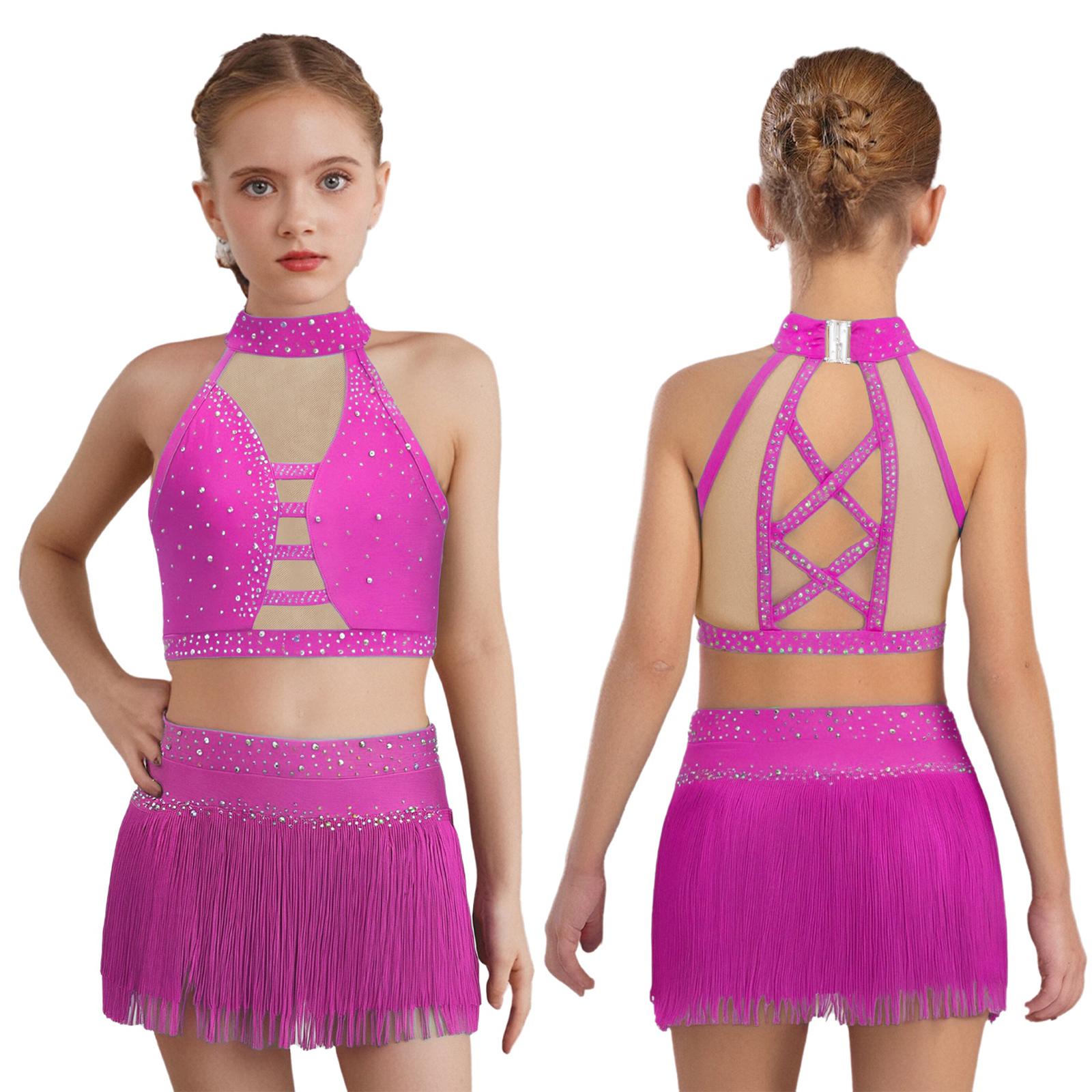 

Girls Halter Sleeveless Crisscross Back Rhinestones Crop Top Tassel Briefs Skirt Latin Dance Set 5-6 Years гарячі рожевого кольору