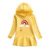 Children's Rainbow Cartoon Hooded Sweatshirt Dress with Ruffle Skirt, Pure Cotton, Long Sleeve 