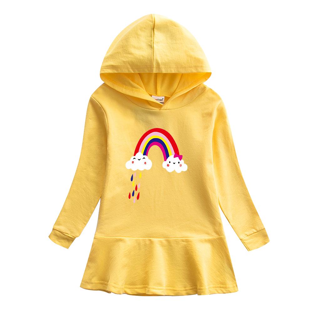 Children's Rainbow Cartoon Hooded Sweatshirt Dress with Ruffle Skirt, Pure Cotton, Long Sleeve 