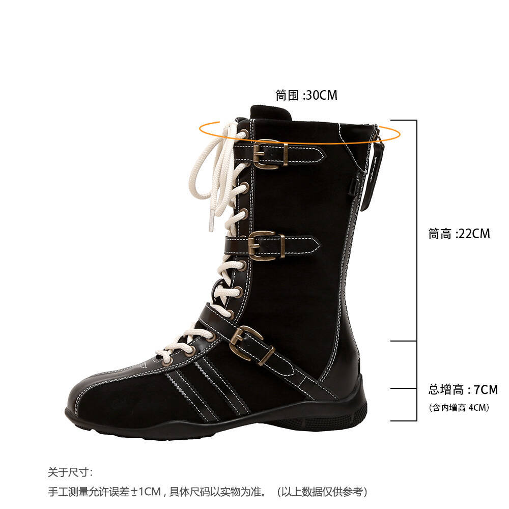 Cowhide version~ retro inner height increase 7cm boxing boots women's lace-up splicing belt buckle casual short boots Martin boots