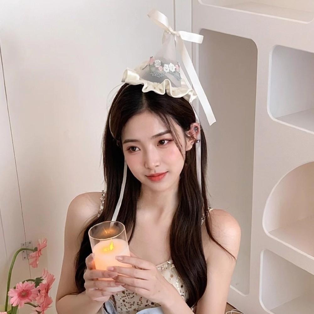 Cone Hats Mesh Birthday Hat Embroidery Birthday Crown Flower Knot Headband  Birthday Party