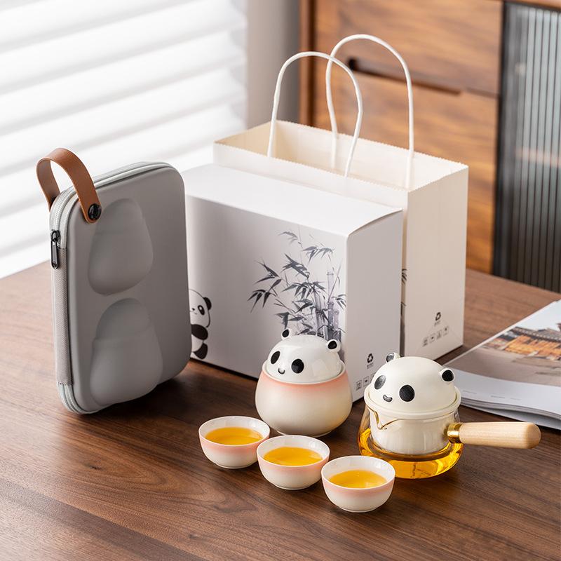 Panda merchandise side handle a pot of three cups travel tea set light luxury modern suet jade porcelain business commemorative gift