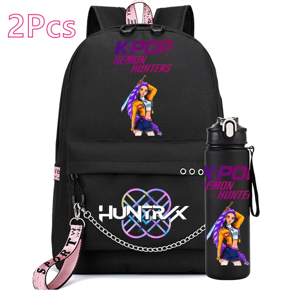 2Pcs/set Anime Cute Kpop Printed Backpack with 750Ml Water Bottler for Teenager Girl Boy Bookbag Kid Gift Large Capacity Travel Bag Rucksak