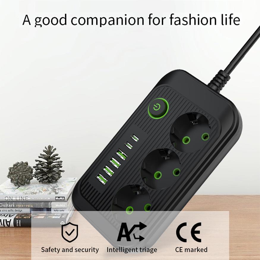 Smart Power Strip Extension Cord F16U F20U EU Plug AC Outlet Electrical Socket Extension Cable USB Type C Network Filter Adapter
