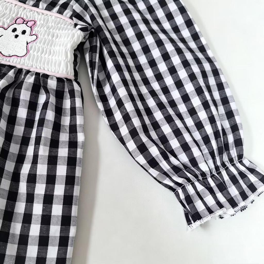 Girls' Pumpkin Embroidery Plaid Suit - Doll Collar Top & Flare Pants Two-Piece Set for Autumn/Halloween 2026