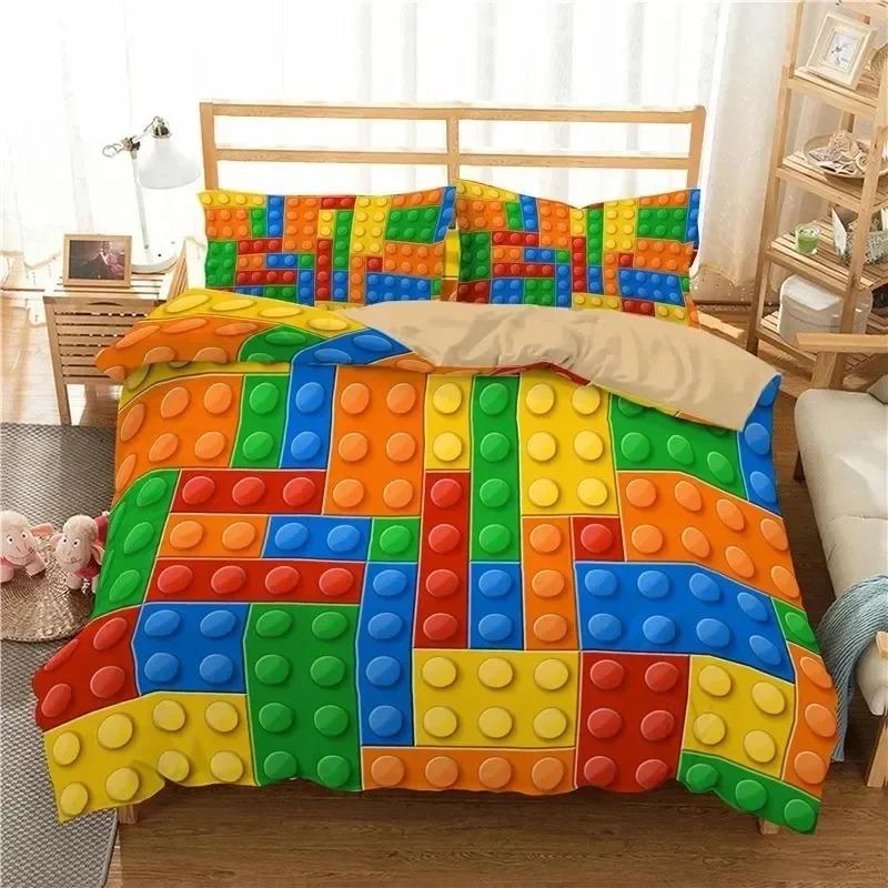 Colorful Toy King Queen Duvet Cover 3D Building Block Pattern Bedding Set Fun Brick Quilt Cover Gradient Rainbow Comforter Cover