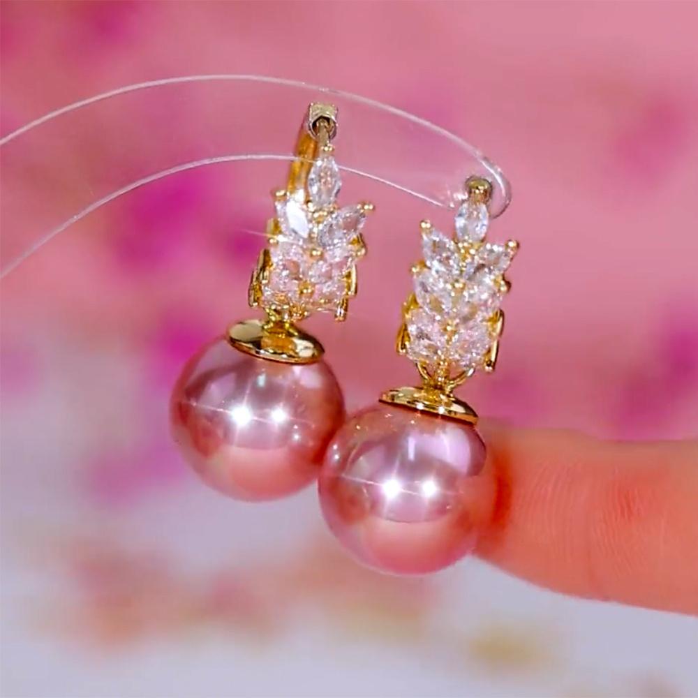 

Luxury Female White Pink Pearl Zircon Stone Hoop Earrings Vintage Fashion Gold Color Wedding Jewelry For Women